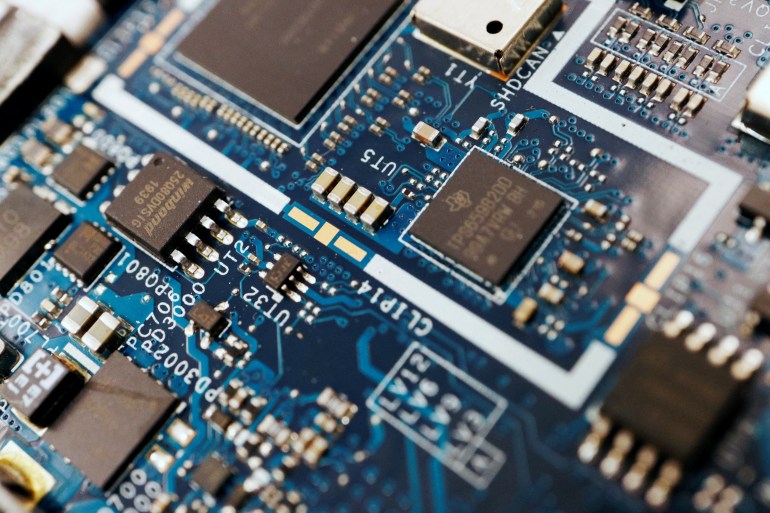Semiconductor chips on a circuit board.