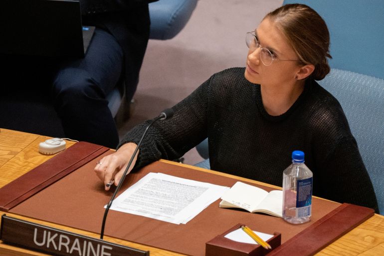 Deputy Permanent Representative of Ukraine Khrystyna Hayovyshyn attends a UN Security Council meeting.