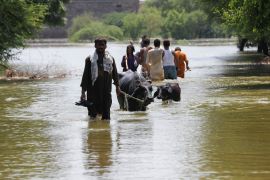 A man pulls his animals while others go to salvage their belongings amid rising flood water, following rains and floods during the monsoon season on the outskirts of Bhan Syedabad, Pakistan September 8, 2022.