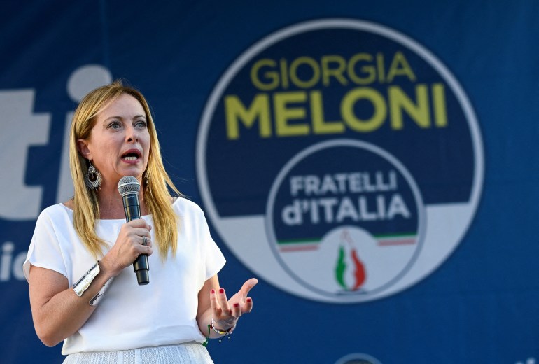 Giorgia Meloni speaks at a rally in Milan. 