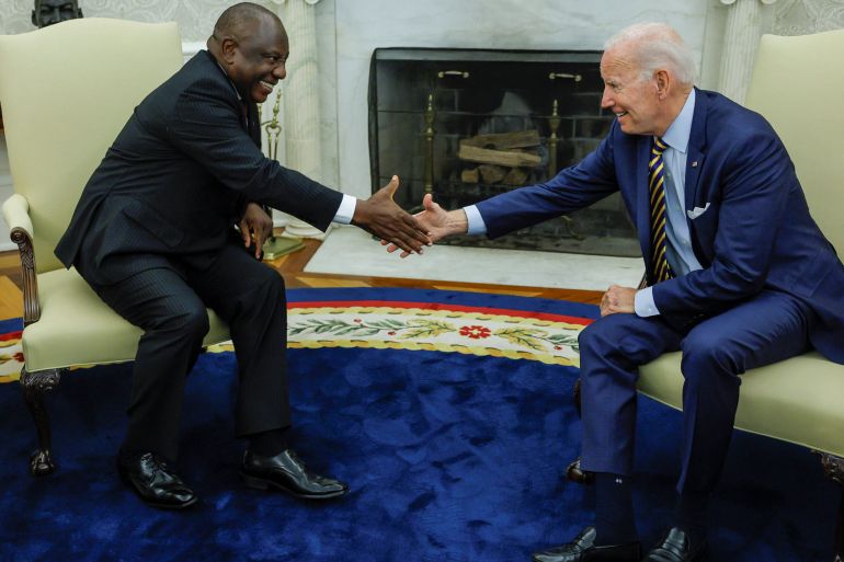 South African President Cyril Ramaphosa shakes hands with US President Joe Biden at the White House