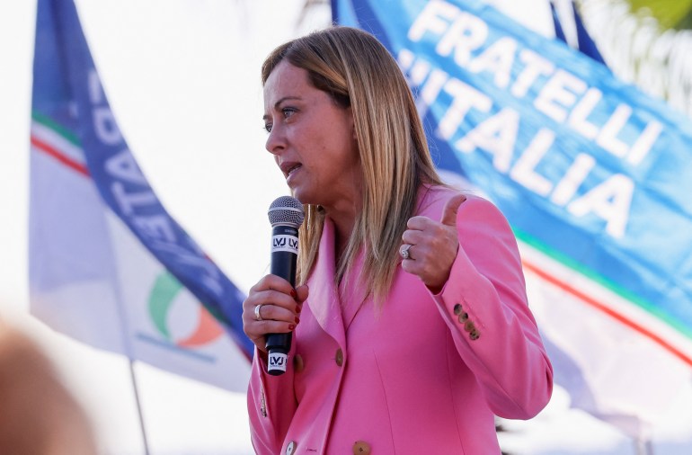 Leader of Italy's nationalist Brothers of Italy (Fratelli d'Italia) party and frontrunner to become prime minister Giorgia Meloni, holds a closing rally in Naples, Italy, September 23, 2022.