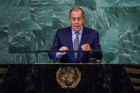 Russia's Foreign Minister Sergei Lavrov addresses the 77th Session of the United Nations General Assembly at U.N. Headquarters in New York City