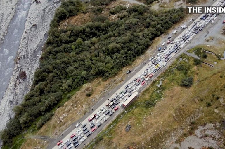 Drone footage shows long queues of vehicles on the way to exit Russia on its border with Georgia, in Verkhny Lars, Russia, September 26