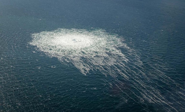 Gas bubbles from the Nord Stream 2 leak reaching surface of the Baltic Sea in the area shows disturbance of well over one kilometre diameter near Bornholm, Denmark, September 27, 2022. Danish Defence Command/Handout via REUTERS THIS IMAGE HAS BEEN SUPPLIED BY A THIRD PARTY.