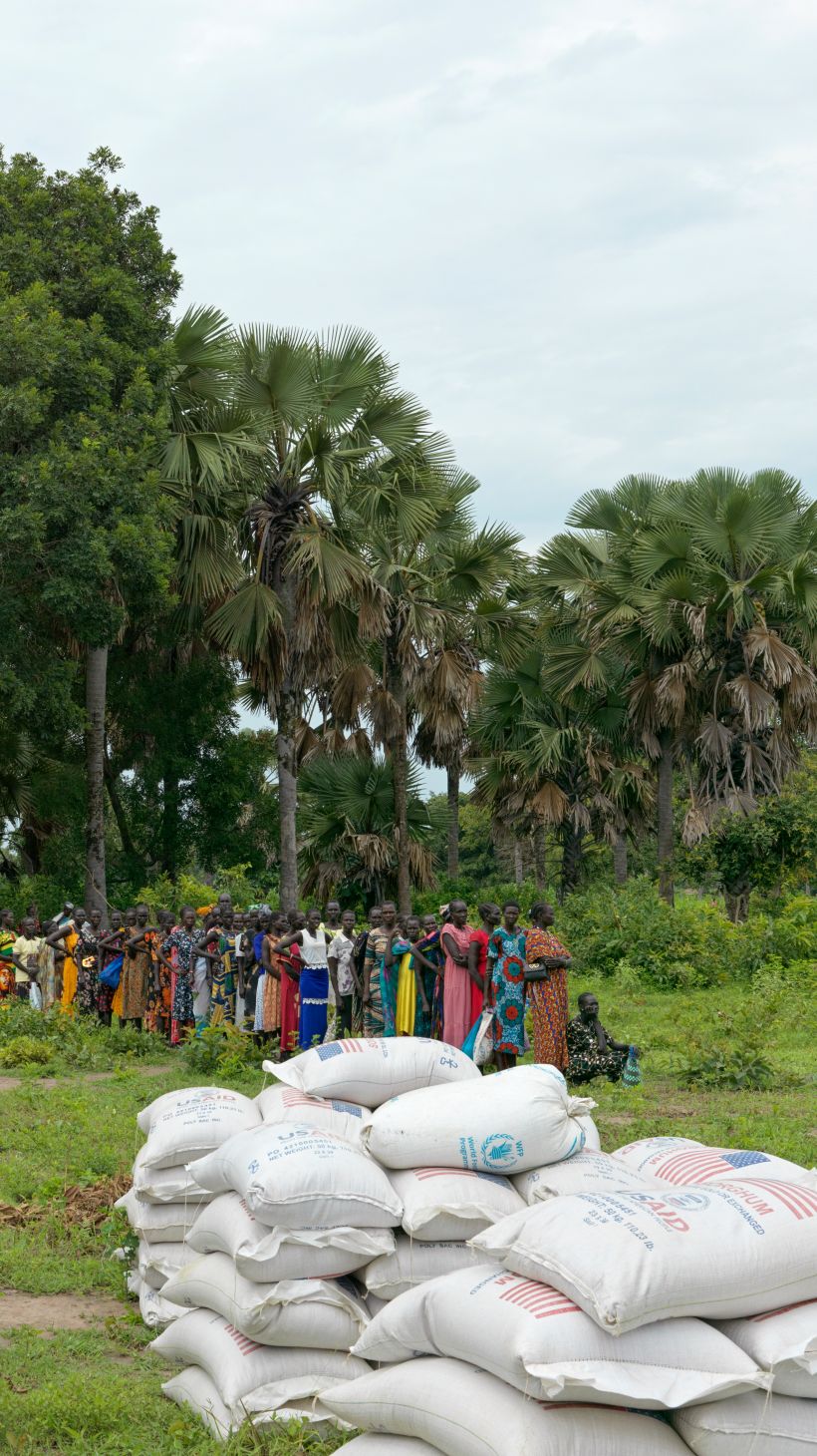 A photo of bags of food in a field with a large group of people in the background.