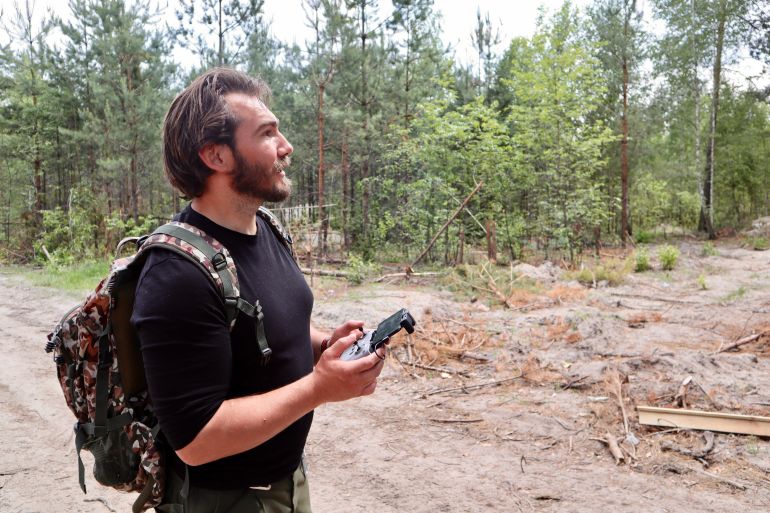 Demetriy, a drone pilot with Ukraine’s Armed Forces, demonstrates UAV capabilities in Kyiv Oblast [Shelby Wilder]