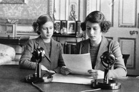 In this October 13, 1940 file photo, Britain's Princess Elizabeth, right and Princess Margaret make their first radio broadcast, in London.