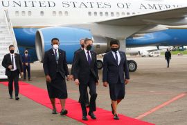 US Secretary of State Antony Blinken is escorted from his plane upon arrival in Nadi, Fiji, in 2022. The US hosted a two-day summit in Washington of Pacific island nations on September 28 and 29 [Kevin Lamarque/Pool via AP]