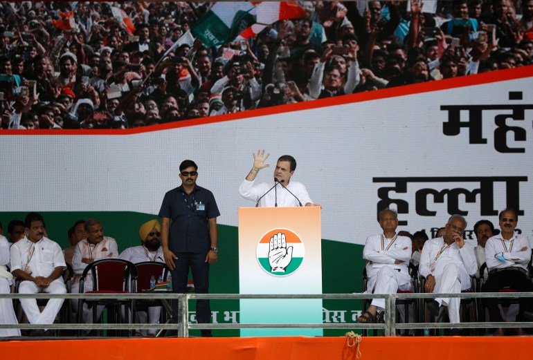 Congress party leader Rahul Gandhi speaks during rally in New Delhi.