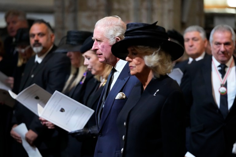 Britain's King Charles III and Camilla, the Queen Consort arrive for a Service of Prayer and Reflection for the life of Queen Elizabeth II, at Llandaff Cathedral in Cardiff