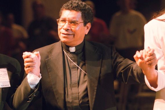 Bishop Carlos Ximenes Belo of East Timor, sings along with participants at the National Catholic Gathering for Jubilee Justice held on the UCLA Campus in Los Angeles, on July 17, 1999.