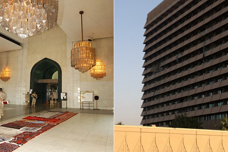 On the left, a photo of the inside of the Al Rasheed hotel, on the right, a photo of the outside of the Al Rasheed hotel.
