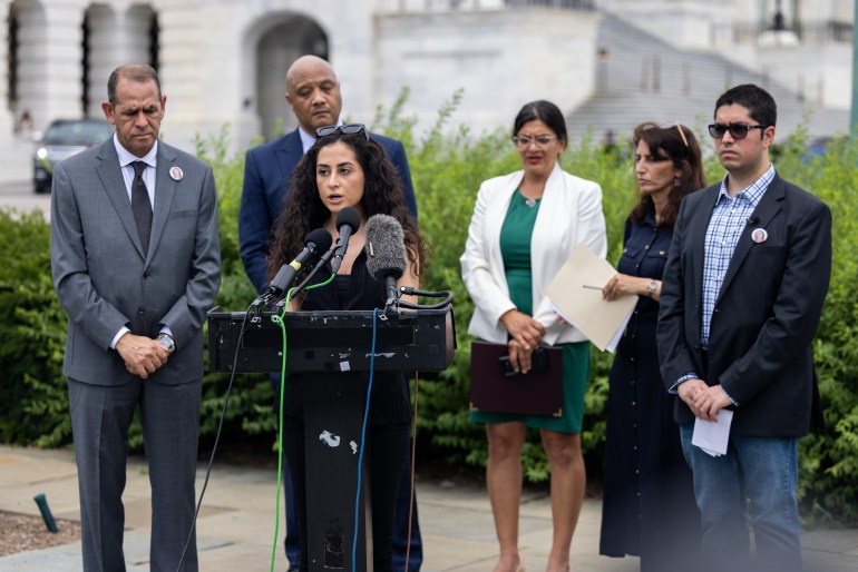 WASHINGTON, US - JULY 28: Family members and friends of slain Al Jazeera journalist Shireen Abu Akleh, as well as members of Congress, speak in front of the U.S. Capitol on July 28th, 2022 as they push for a U.S. investigation of the journalist's killing.