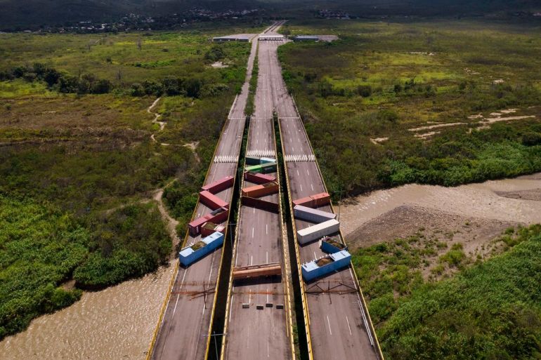 Containers block the road on Colombia-Venezuela border