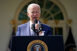 President Joe Biden speaks during an event on health care costs, in the Rose Garden of the White House