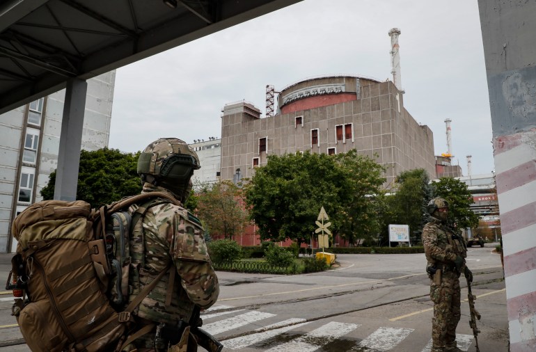 Russian servicemen guard on the territory of the Zaporizhzhia Nuclear Power Plant