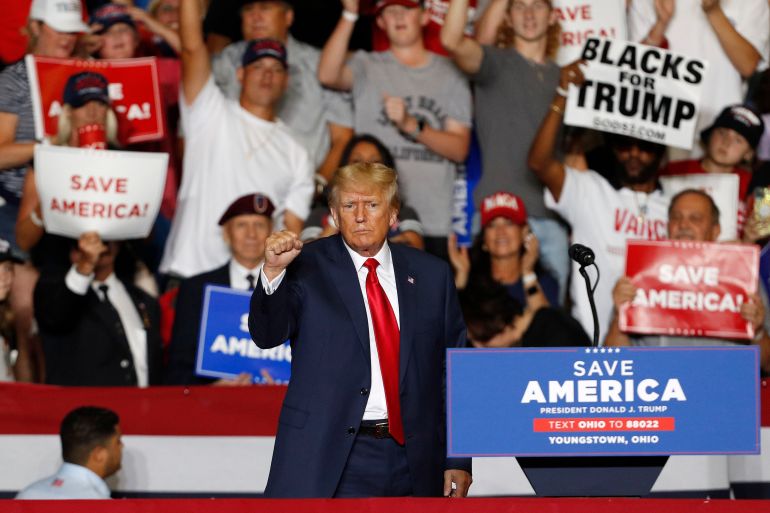 epa10190823 Former US President Donald Trump gestures during a Save America rally at the Covelli Centre in Youngstown, Ohio, USA, 17 September 2022. EPA-EFE/DAVID MAXWELL