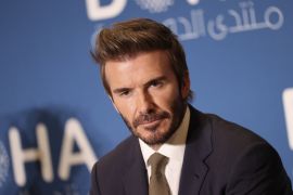 Former English footballer David Beckham takes part in a panel at the Doha Forum in Qatar's capital on March 27, 2022