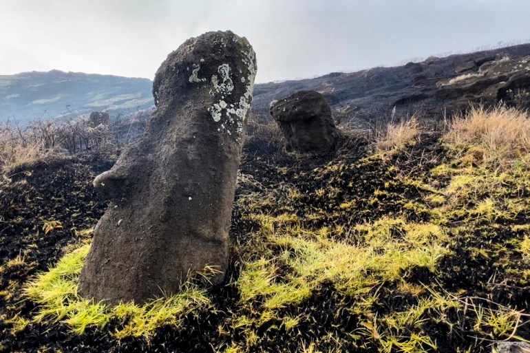 Moai stone statues are seen at the Rapa Nui national park.