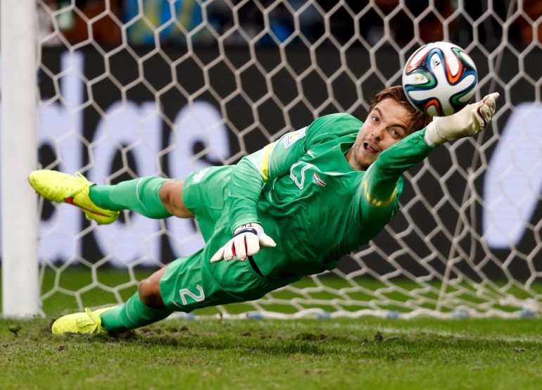 Goalkeeper Tim Krul of the Netherlands saves the last penalty shot against Costa Rica during a penalty shootout in their 2014 World Cup quarter-finals at the Fonte Nova arena in Salvador July 5, 2014. REUTERS/Marcos Brindicci 