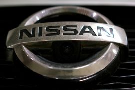 A view shows the logo of Nissan on a car in Moscow,