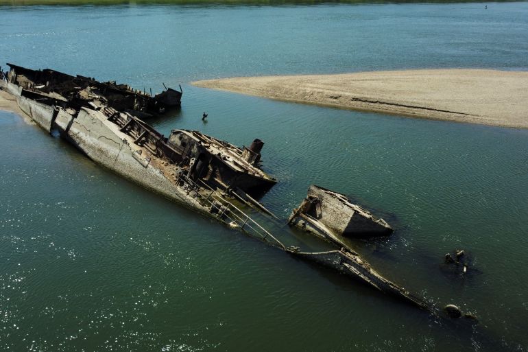 Wreckage of a Nazi war ship in the Danube