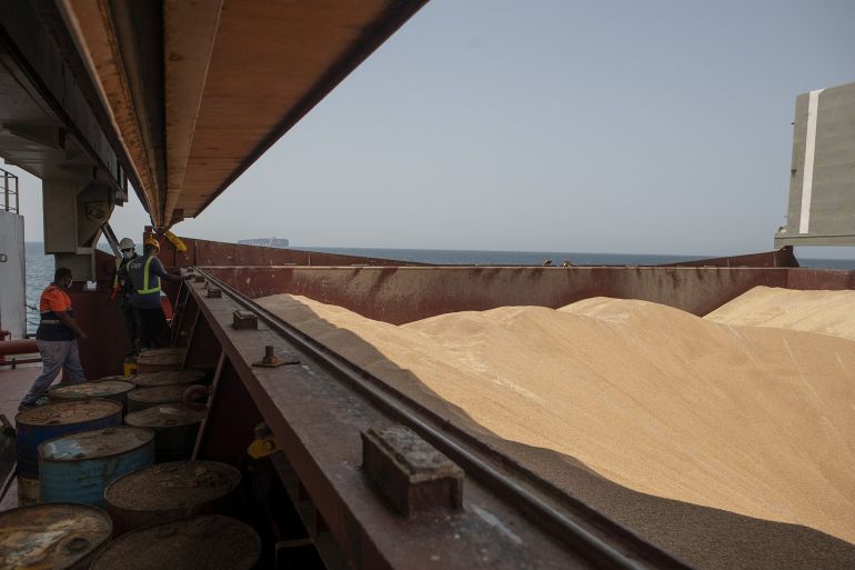 Wheat grain is seen on the MV Brave Commander vessel from Yuzhny Port in Ukraine to the drought-stricken Horn of Africa as it docks at port of Djibouti in Djibouti August 30, 2022.