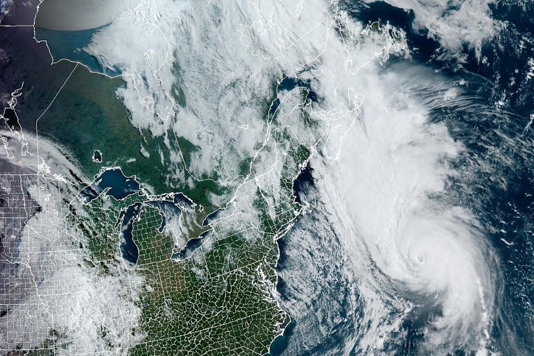 Hurricane Fiona advances towards Canada's Maritimes provinces in a composite image from the National Oceanic and Atmospheric Administration (NOAA) GOES-East weather satellite September 23, 2022.