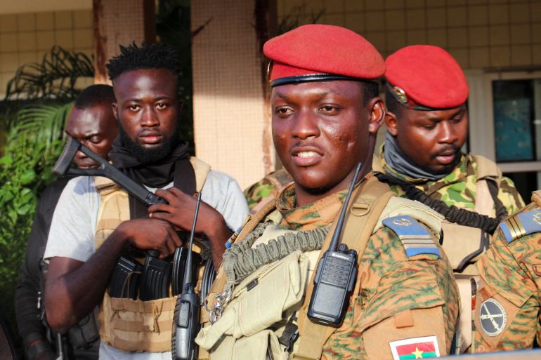 Burkina Faso's new military leader Ibrahim Traore is escorted by soldiers in Ouagadougou, Burkina Faso October 2, 2022.