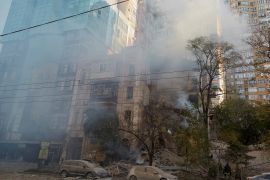 FILE PHOTO: A view shows a residential building destroyed by a Russian drone strike, which local authorities consider to be Iranian-made Shahed-136 unmanned aerial vehicles (UAVs), amid Russia's attack on Ukraine, in Kyiv, Ukraine October 17
