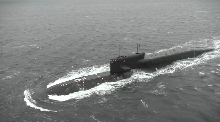 A still image from video, released by the Russian Defence Ministry, shows what it said to be Russia's strategic nuclear-powered ballistic missile submarine Tula during exercises held by the country's strategic nuclear forces at an unknown location, in this image taken from handout footage released October 26, 2022.