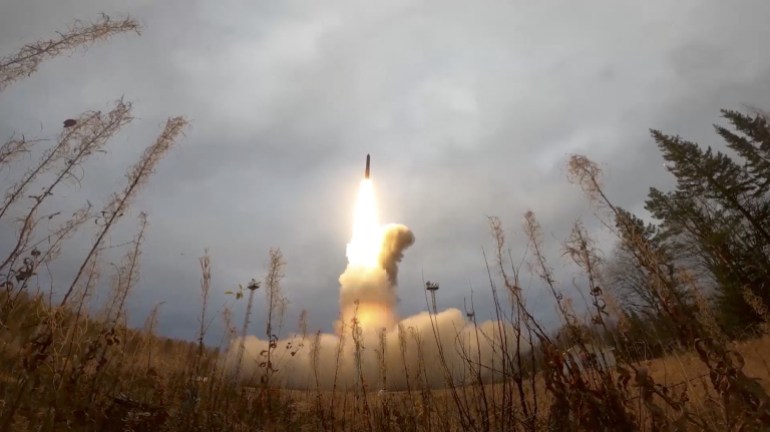 A still image from video, released by the Russian Defence Ministry, shows what it said to be Russia's Yars intercontinental ballistic missile launched during exercises held by the country's strategic nuclear forces at the Plesetsk Cosmodrome, Russia, in this image taken from handout footage released October 26, 2022.