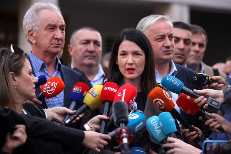 Jelena Trivic, of Party of Democratic Progress (PDP) addresses the media after submitting a request for a recount and cancellation of election for the President of the Republic of Srpska, in Sarajevo, Bosnia, Wednesday, Oct. 5, 2022. (AP Photo/Armin Durgut)