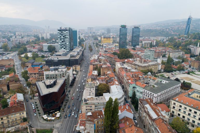 Aerial view of downtown Sarajevo, Bosnia, Wednesday, Oct. 12, 2022. Bosnia-Herzegovina moved a small step closer to the European Union on Wednesday with the EU’s executive advising member states to grant it candidate member status despite continuing criticism of the way the Balkan nation is run. (AP Photo/Armin Durgut)