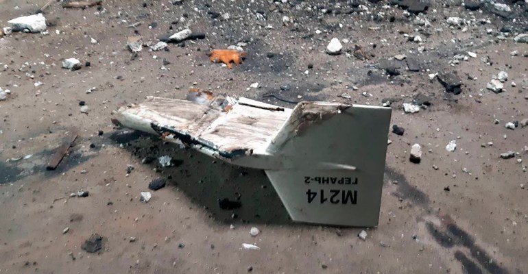 A close up of wreckage of what Kyiv has described as an Iranian Shahed drone shot down near Kupiansk, Ukraine.