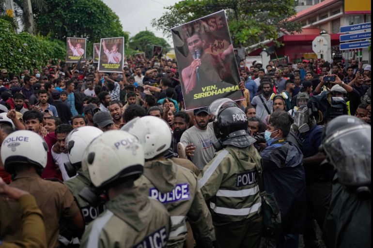 Sri Lanka student protesters facing off against the police.