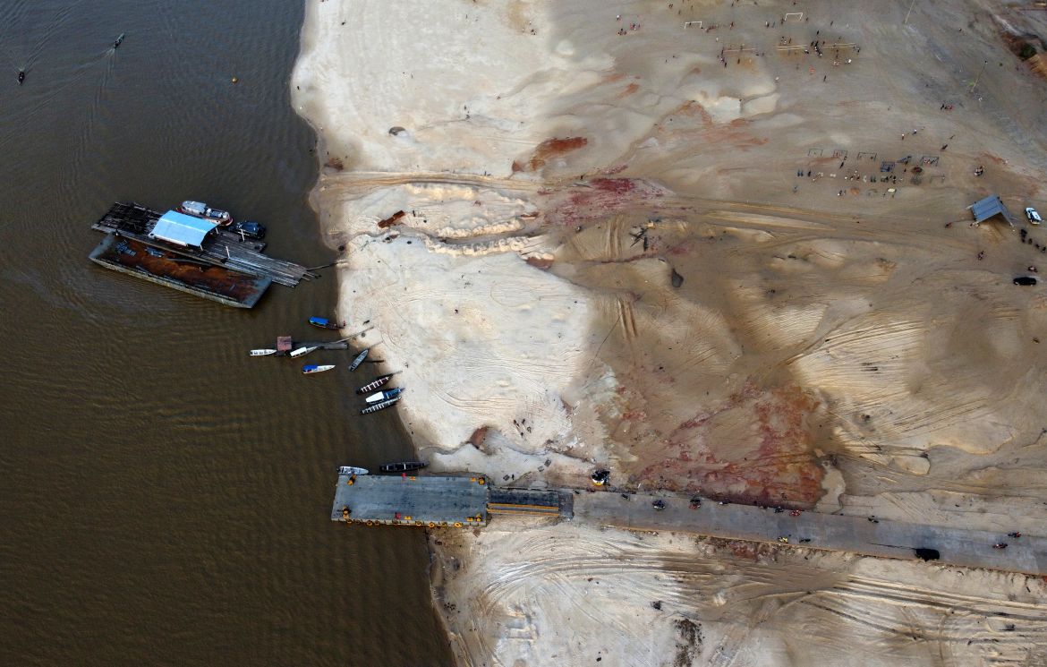 A boat dock is impacted by drought near the Solimões River, in Tefe, Amazonas state, Brazil