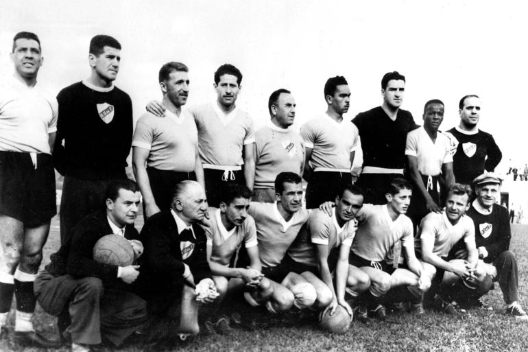 Uruguay soccer team pose before the start of the World Cup Final against Brazil, in the Maracana Stadium, Rio de Janerior, Brazil, July 16, 1950.