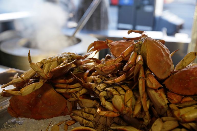 In this photo taken Tuesday, Nov. 10, 2015, imported Dungeness crabs from the Northwest are shown for sale at Fisherman's Wharf in San Francisco