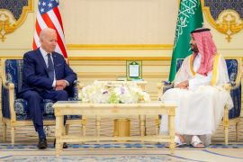 FILE PHOTO: Saudi Crown Prince Mohammed bin Salman and U.S. President Joe Biden meet at Al Salman Palace upon his arrival in Jeddah, Saudi Arabia, July 15, 2022. Bandar Algaloud/Courtesy of Saudi Royal Court/Handout via REUTERS ATTENTION EDITORS - THIS PICTURE WAS PROVIDED BY A THIRD PARTY REFILE - CORRECTING ID/File Photo