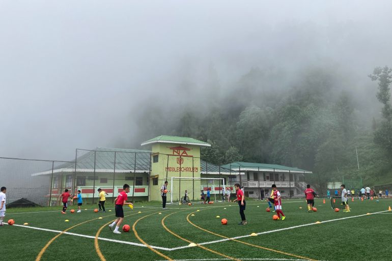 A football training session for local students is underway at the Tashi Namgyal Academy in Gangtok