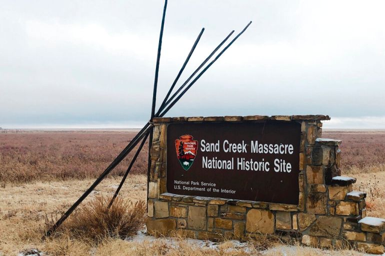 A sign marking the entrance to Sand Creek Massacre National Historical Site