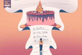An illustration of a person walking on a list that says "cake, water bottle, Gasoline, Cereal" towards a pink birthday cake with a number 4 candle on top of it.