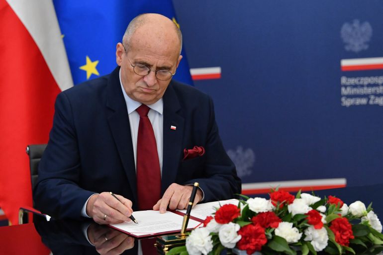 Polish Foreign Minister Zbigniew Rau attends a press conference at the headquarters of the Polish Foreign Ministry in Warsaw
