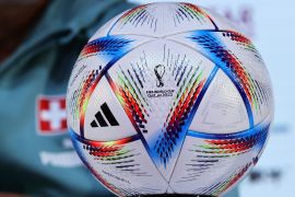 The official Adidas Al Rihla FIFA World Cup 2022 match ball on display during a press conference in Qatar.