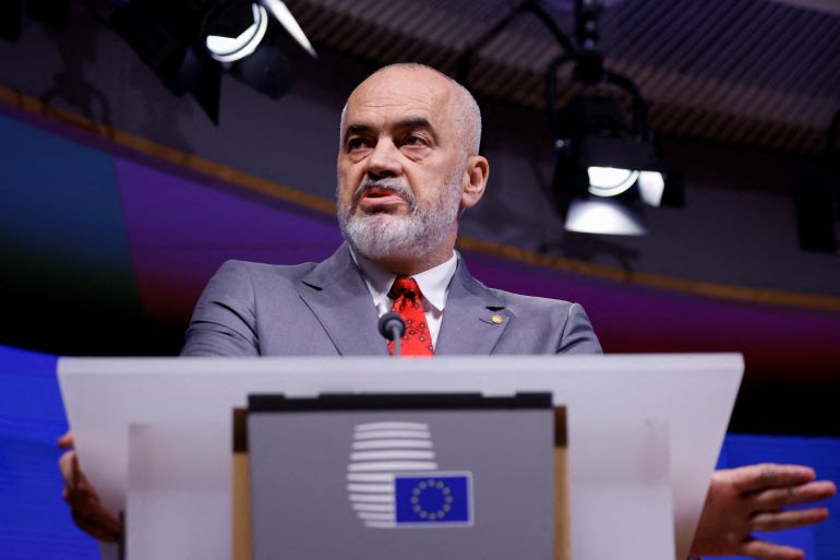 Albania's Prime Minister Edi Rama speaks during a news conference