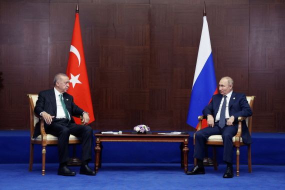 Russia's President Vladimir Putin and Turkey's President Tayyip Erdogan meet on the sidelines of the 6th summit of the Conference on Interaction and Confidence-building Measures in Asia (CICA), in Astana, Kazakhstan.