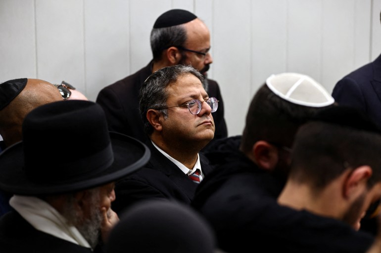Israeli far-right lawmaker Itamar Ben-Gvir attends the funeral of Ronen Hanania who was killed in a shooting attack by a Palestinian man near Hebron