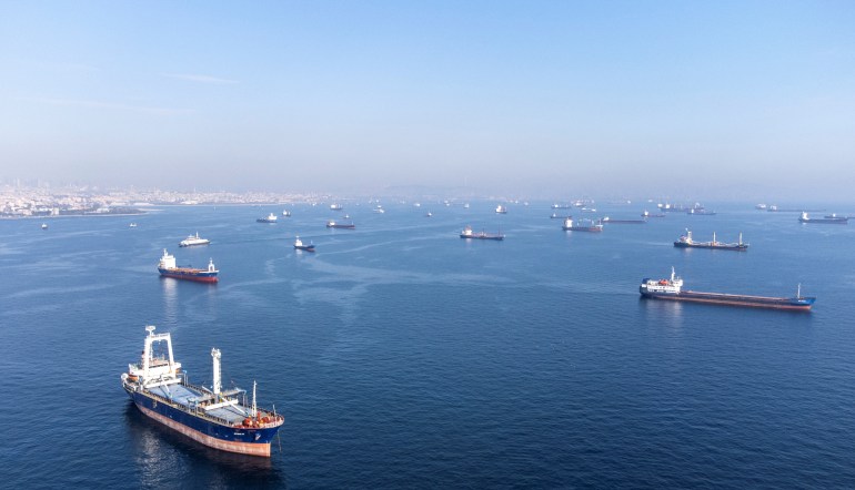 Commercial vessels including vessels which are part of Black Sea grain deal wait to pass the Bosphorus strait off the shores of Yenikapi during a misty morning in Istanbul, Turkey